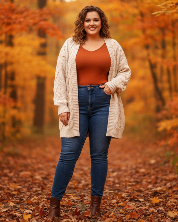 Confident model wearing plus size jeans and plus size cardigan with a fall backround