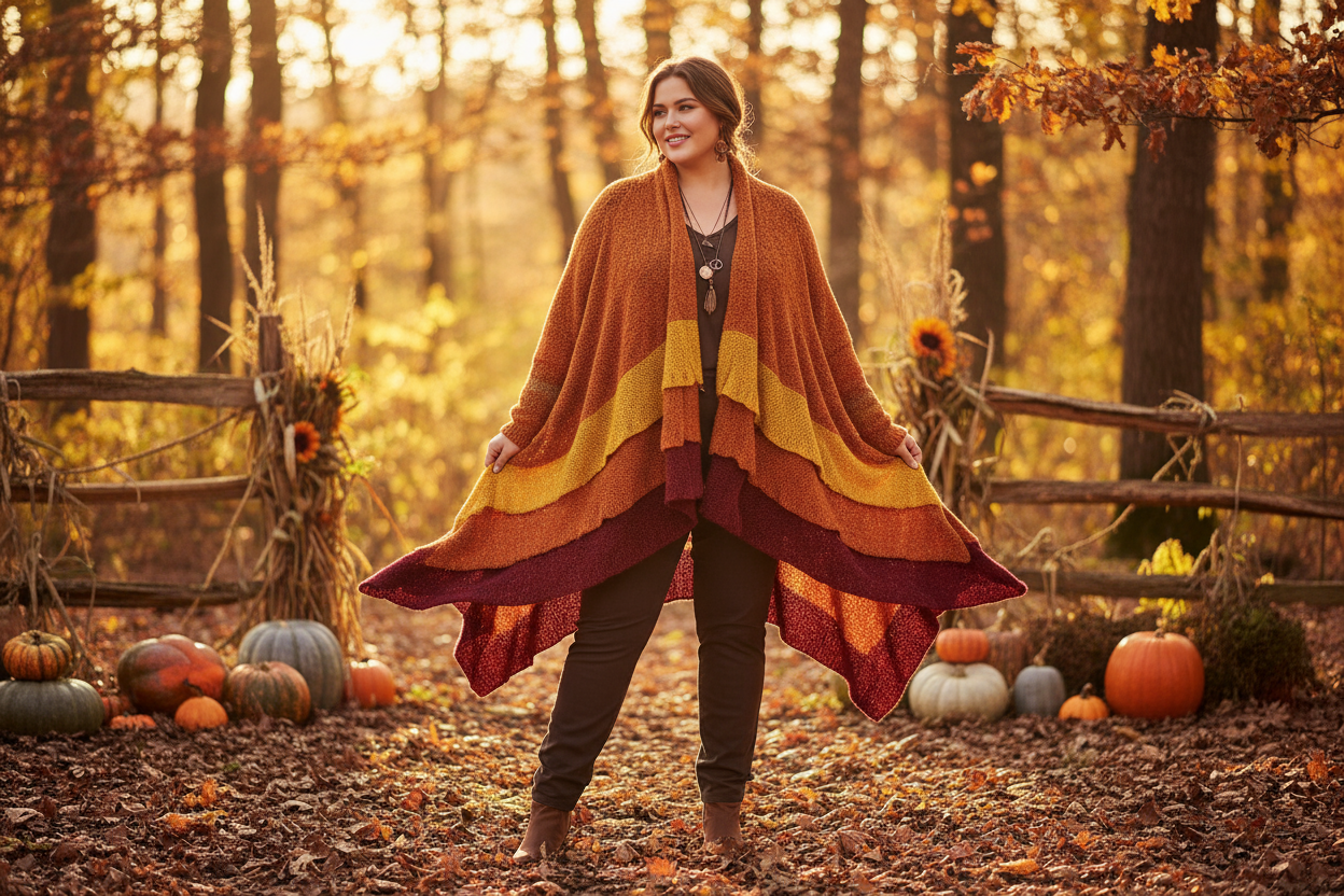 plus size model in layered cardigan in fall colors