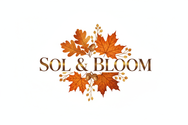 Sol & Bloom Fall Logo - Realistic with Gold on White