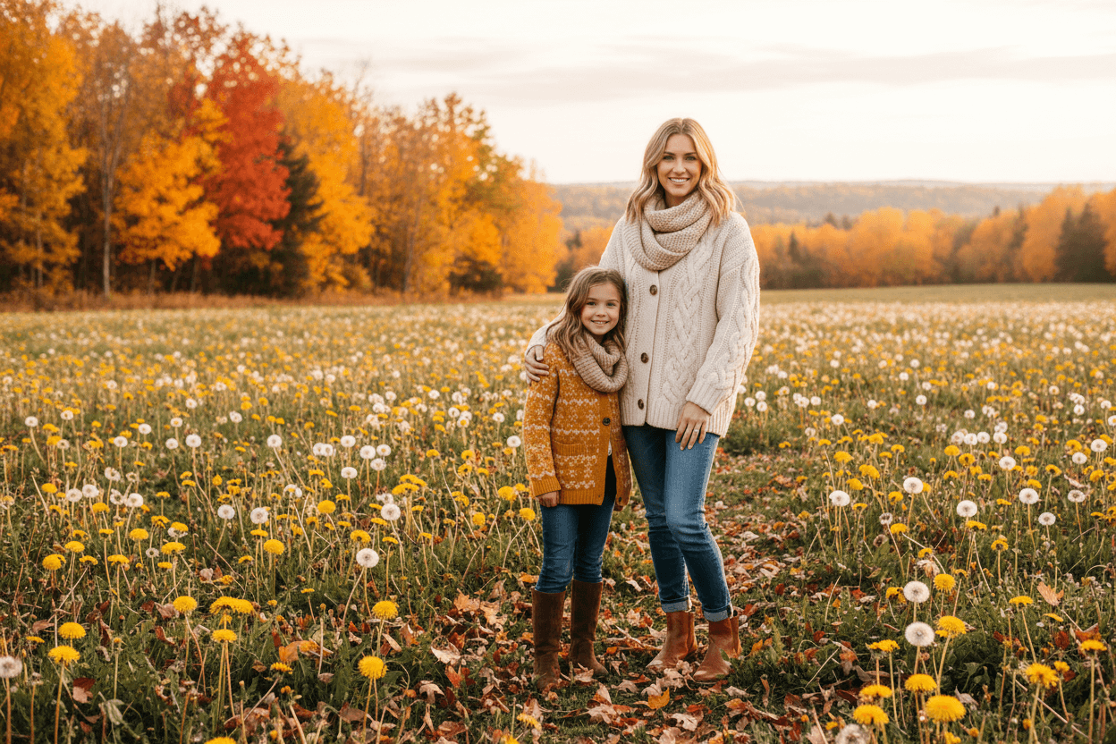 woman and young girl in an open field of dandelions fall scenery wearing cardigans, jeans and fall style boots
